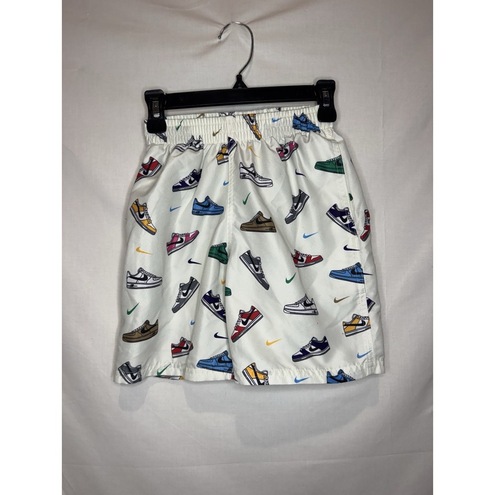 Nike Boys Swim Trunks XS 6-7 Multi Sneaker Print White Swoosh Volley Shorts